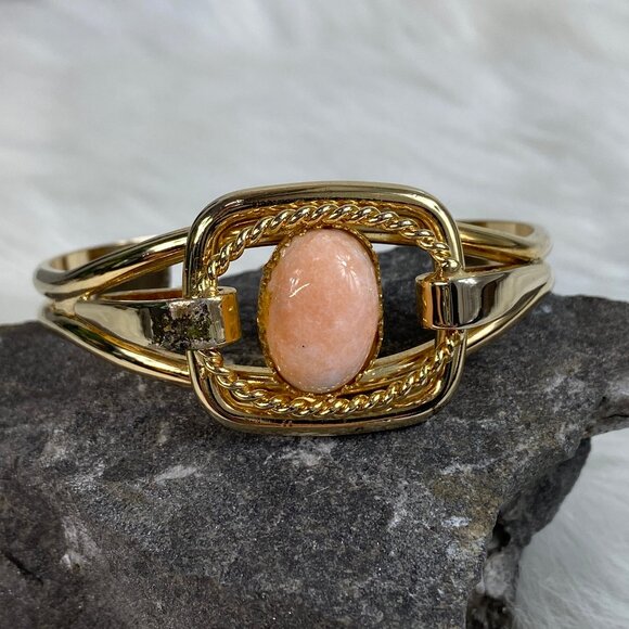 Vintage Pink Cabochon Gold Tone Cuff Bracelet - Picture 1 of 8